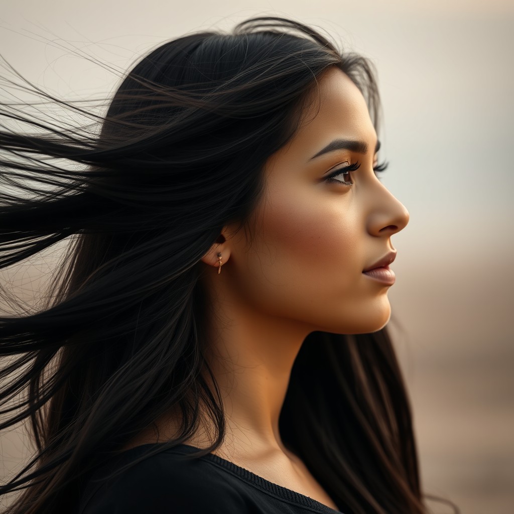 A head shot of a young Arab woman captured in side profile