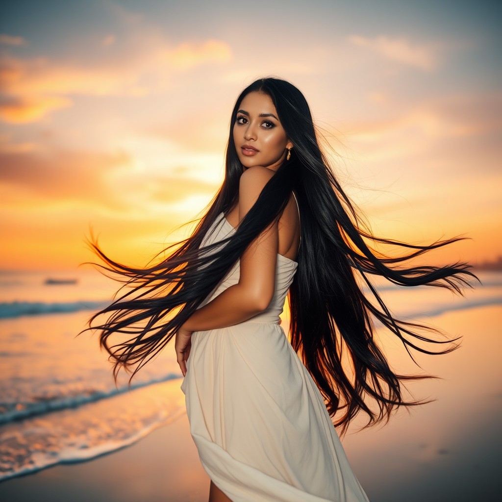 A beautiful Arabic woman with long black hair flowing gracefully in the wind