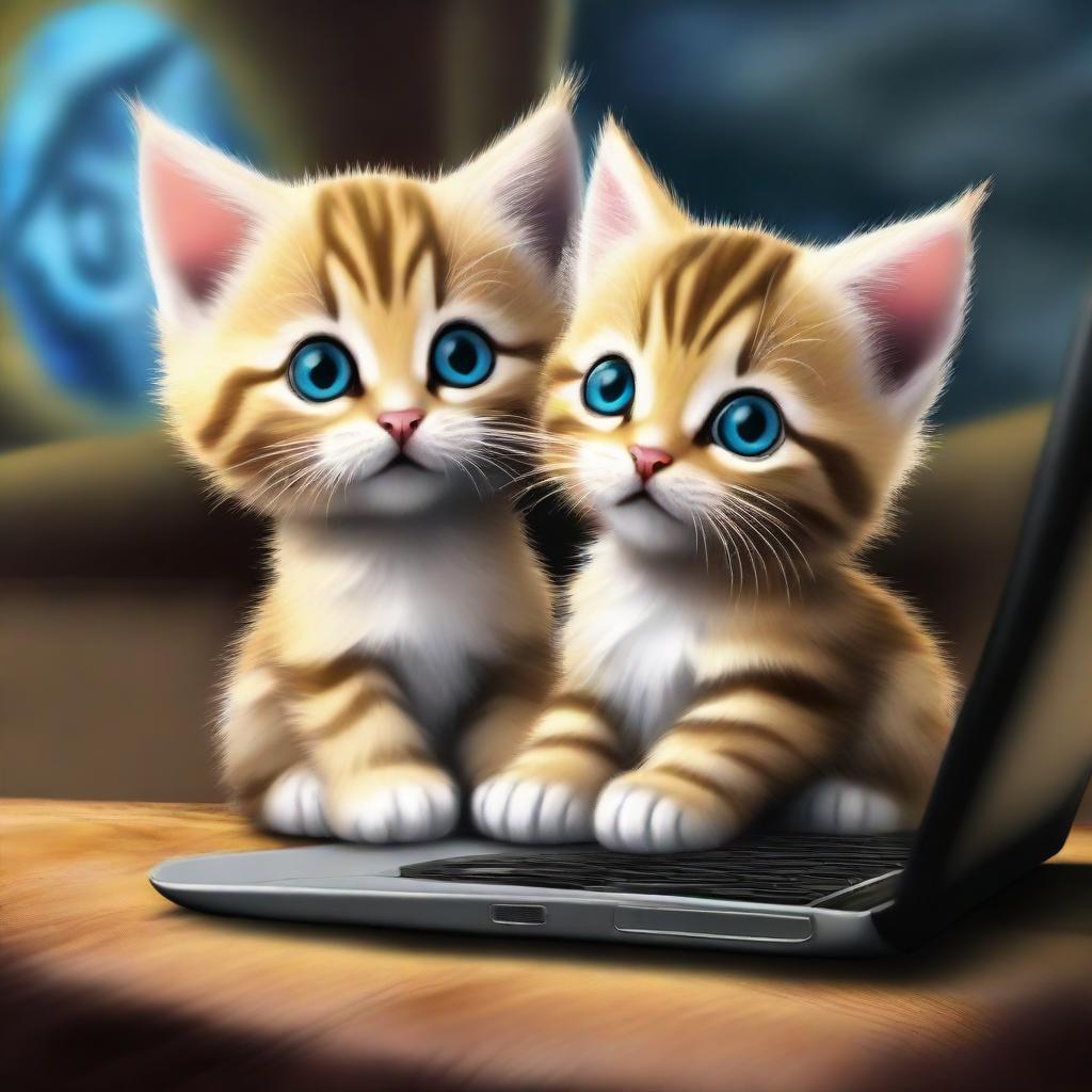 Redo the image with the two tabby kittens, one with long fur, playing World of Warcraft on a PC. This time make the fur of the kittens darker.