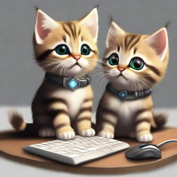 Redo the image with the two tabby kittens, one with long fur, playing World of Warcraft on a PC. This time make the fur of the kittens darker.