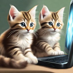 Redo the image with the two tabby kittens, one with long fur, playing World of Warcraft on a PC. This time make the fur of the kittens darker.