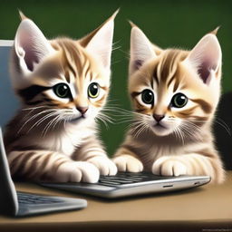 Redo the image with the two tabby kittens, one with long fur, playing World of Warcraft on a PC. This time make the fur of the kittens darker.