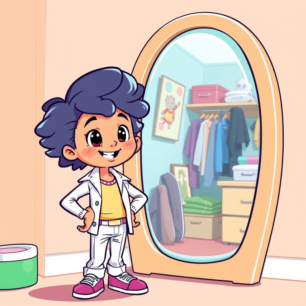 A cartoon character with a proud expression, dressed in stylish and clean clothes, standing next to a mirror that reflects a tidy and organized room