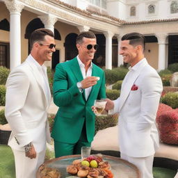 Leon Musk, Cristiano Ronaldo, and Jude Bellingham having a vibrant, friendly gathering in a stunning, exotic setting of Casablanca.