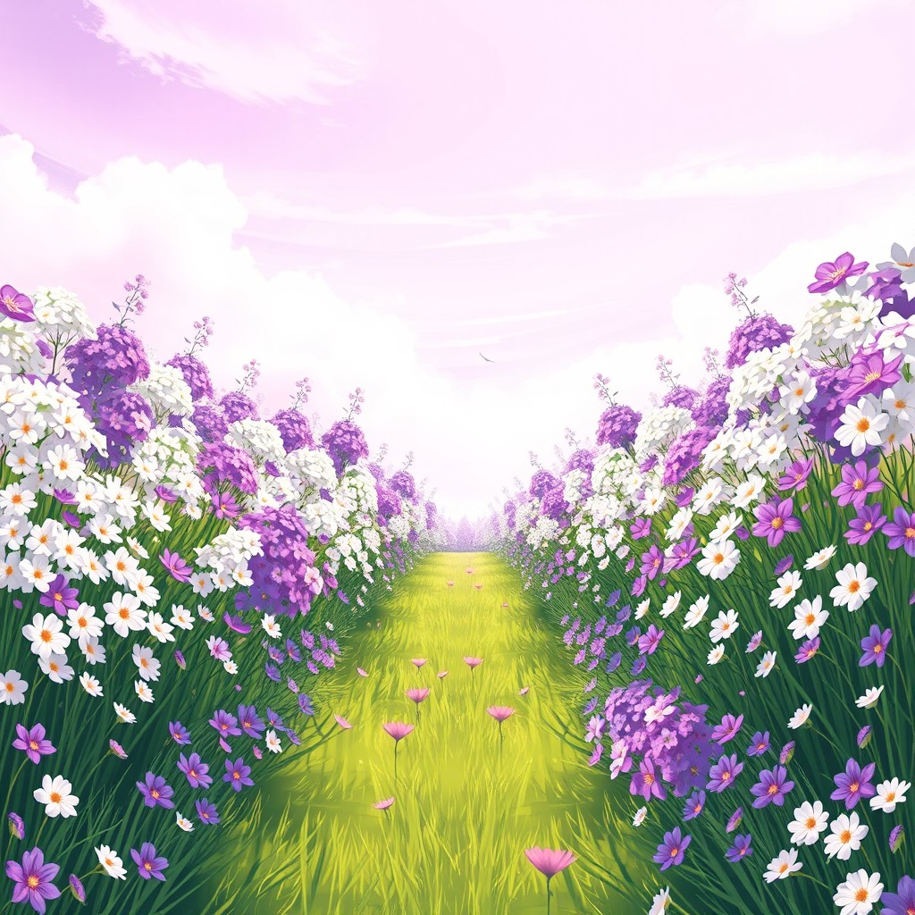 An enchanting illustration of a vibrant flower field filled with clusters of white and purple flowers blooming on both sides, creating a picturesque pathway in the middle