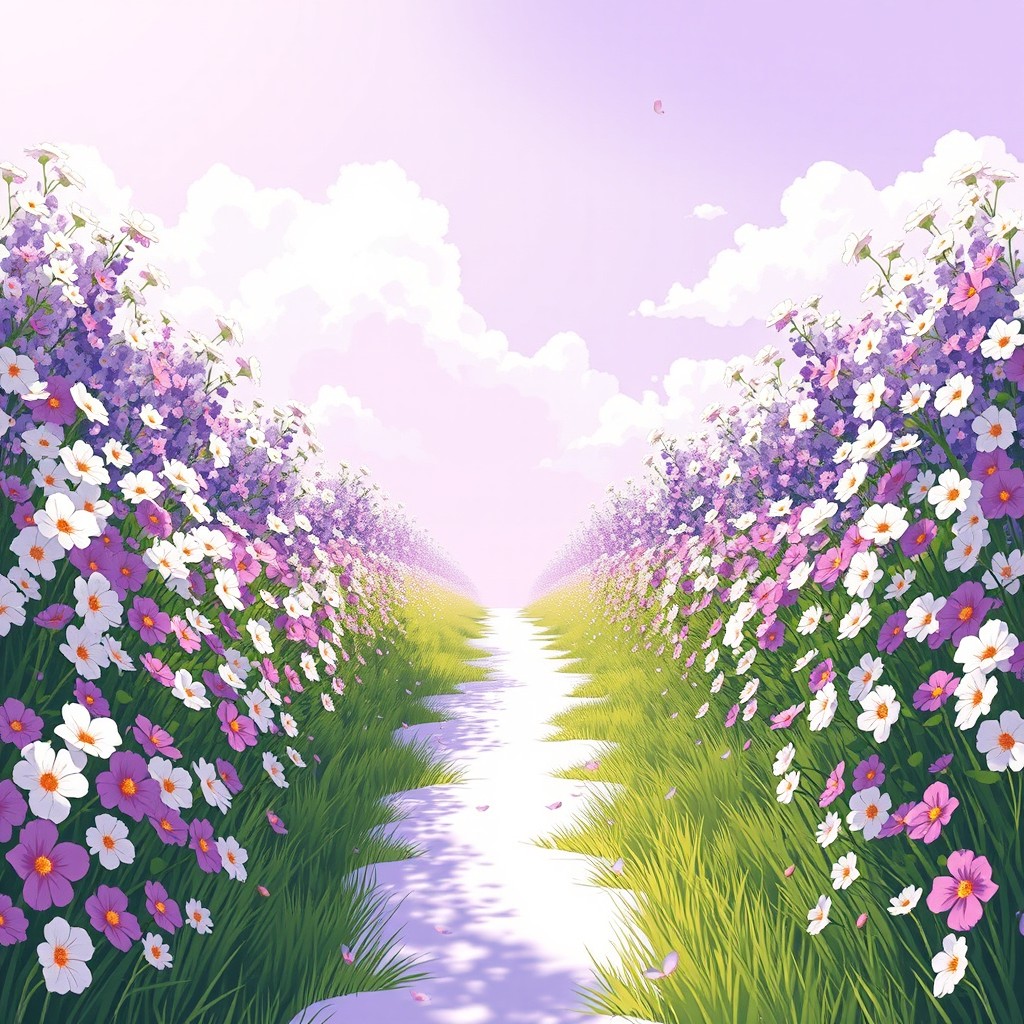An enchanting illustration of a vibrant flower field filled with clusters of white and purple flowers blooming on both sides, with a wide white passage running through the middle