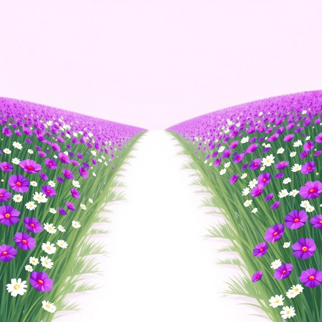 An enchanting illustration of a flower field predominantly filled with beautiful purple flowers, accented by a scattering of white flowers on either side