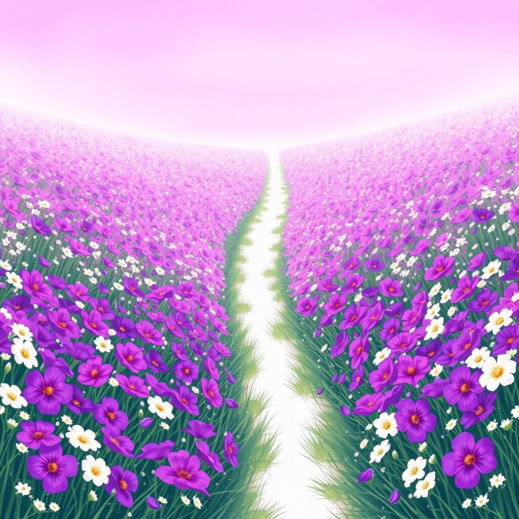 An enchanting illustration of a flower field filled with an abundance of bright purple flowers, complemented by a sprinkling of white flowers on the sides