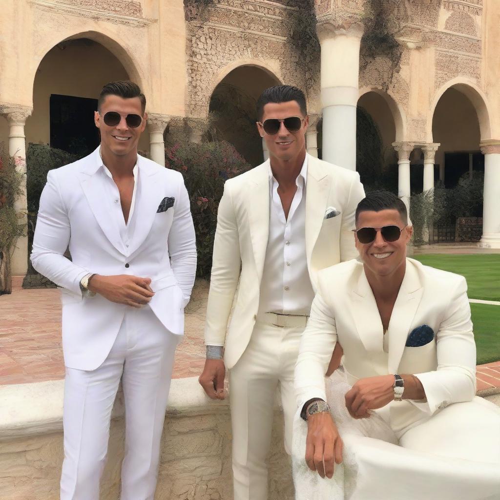 Leon Musk, Cristiano Ronaldo, and Jude Bellingham having a vibrant, friendly gathering in a stunning, exotic setting of Casablanca.