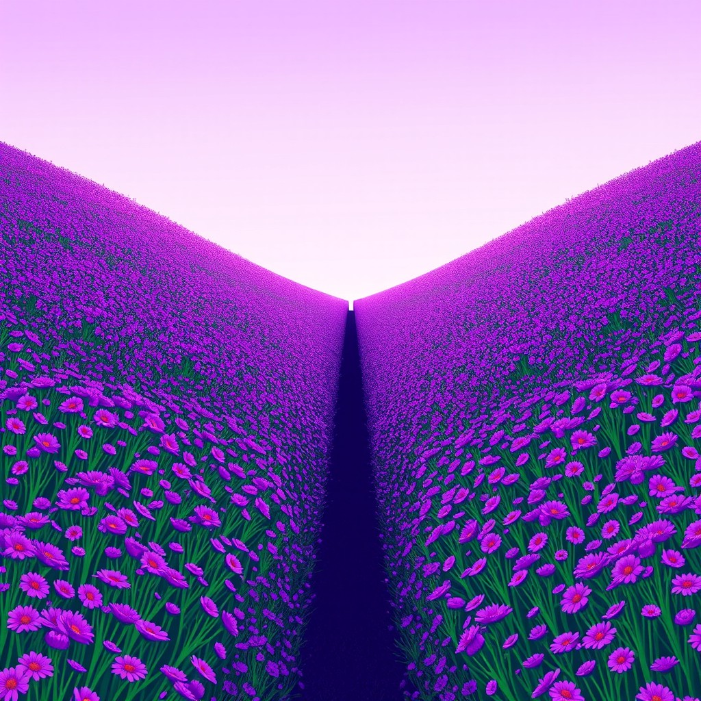 An exquisite illustration of a flower field densely packed with vibrant purple flowers, creating a rich and immersive floral landscape