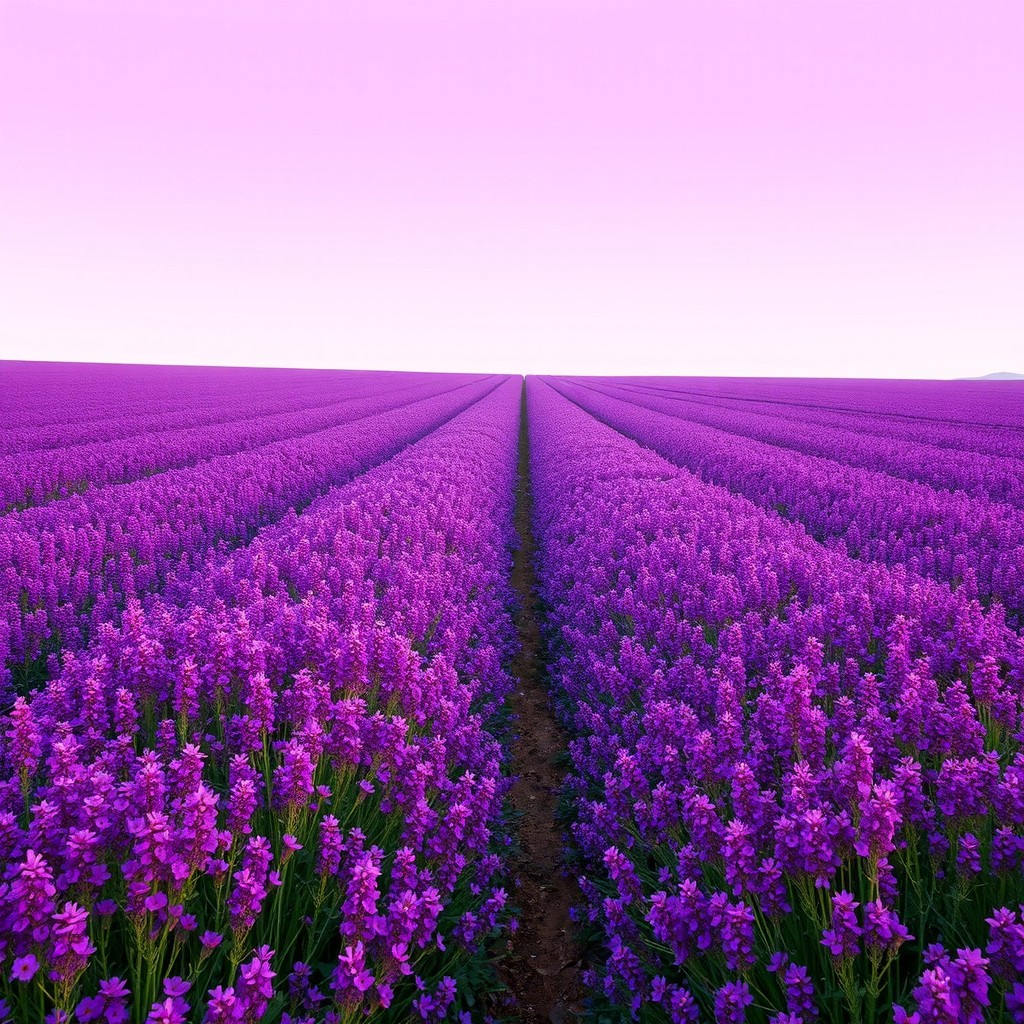 An expansive flower field densely packed with vibrant purple flowers, creating a stunning sea of purple throughout the landscape