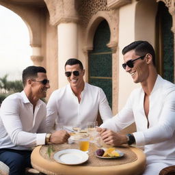 Leon Musk, Cristiano Ronaldo, and Jude Bellingham having a vibrant, friendly gathering in a stunning, exotic setting of Casablanca.