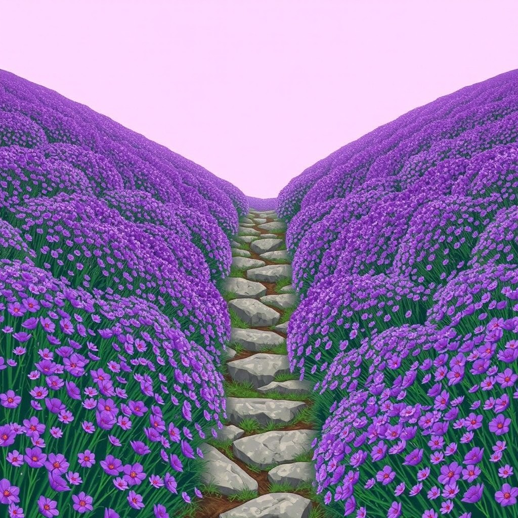 An enchanting illustration of a flower field densely packed with vibrant purple flowers, creating a luxurious tapestry of color