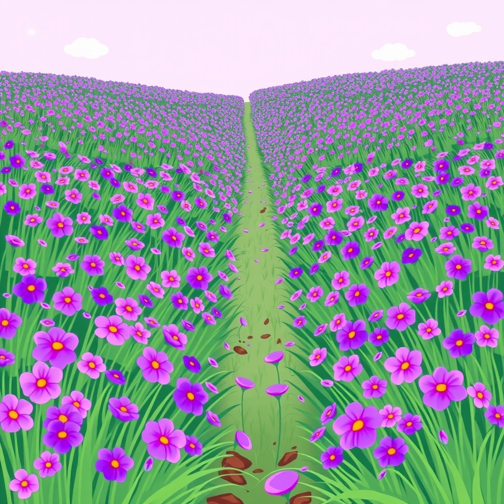 A whimsical cartoon illustration of a flower field bursting with vibrant purple flowers, creating a cheerful and lively scene