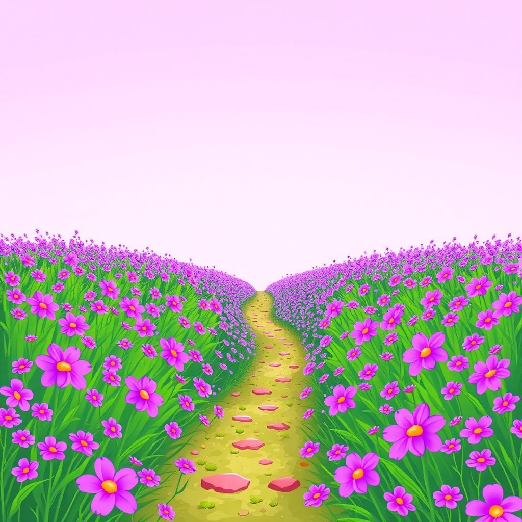 A delightful cartoon illustration of a flower field overflowing with bright purple flowers, creating a cheerful and whimsical environment