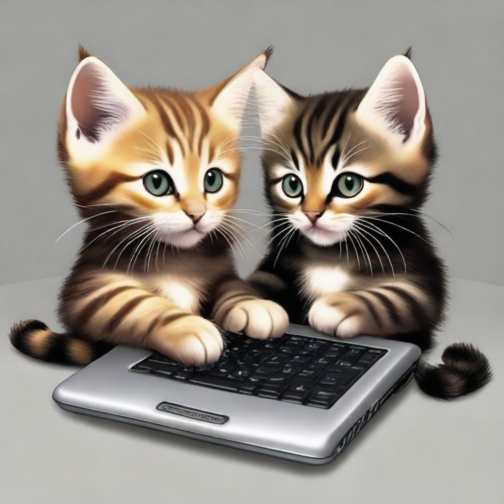 Revise the existing image of the two tabby kittens playing World of Warcraft on a PC. Both kittens should have patches of black blended into their darker fur.