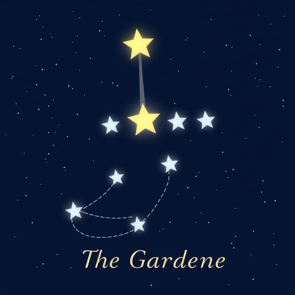 A newly imagined constellation named 'The Gardener', consisting of seven stars arranged in the shape of a gardening fork