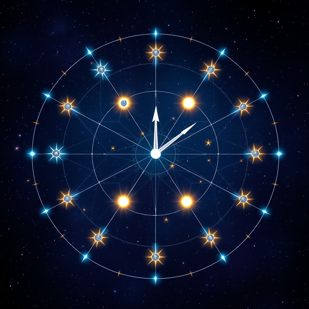 A newly imagined constellation named 'El Reloj', consisting of twelve stars arranged in a circular pattern resembling a clock face