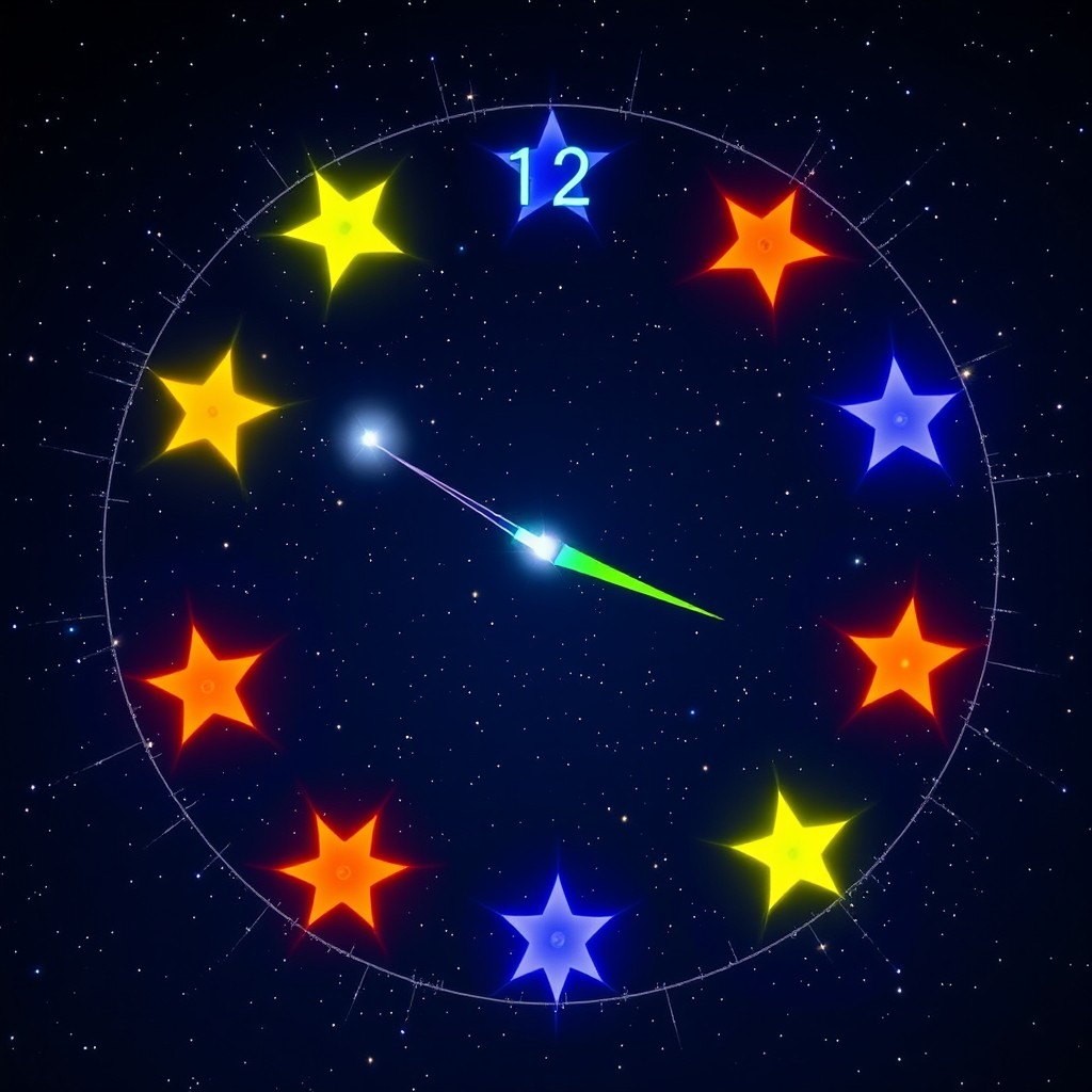 A newly imagined constellation named 'El Reloj Estelar', featuring fifteen vivid stars arranged in a clear and prominent circular pattern, resembling a clock face