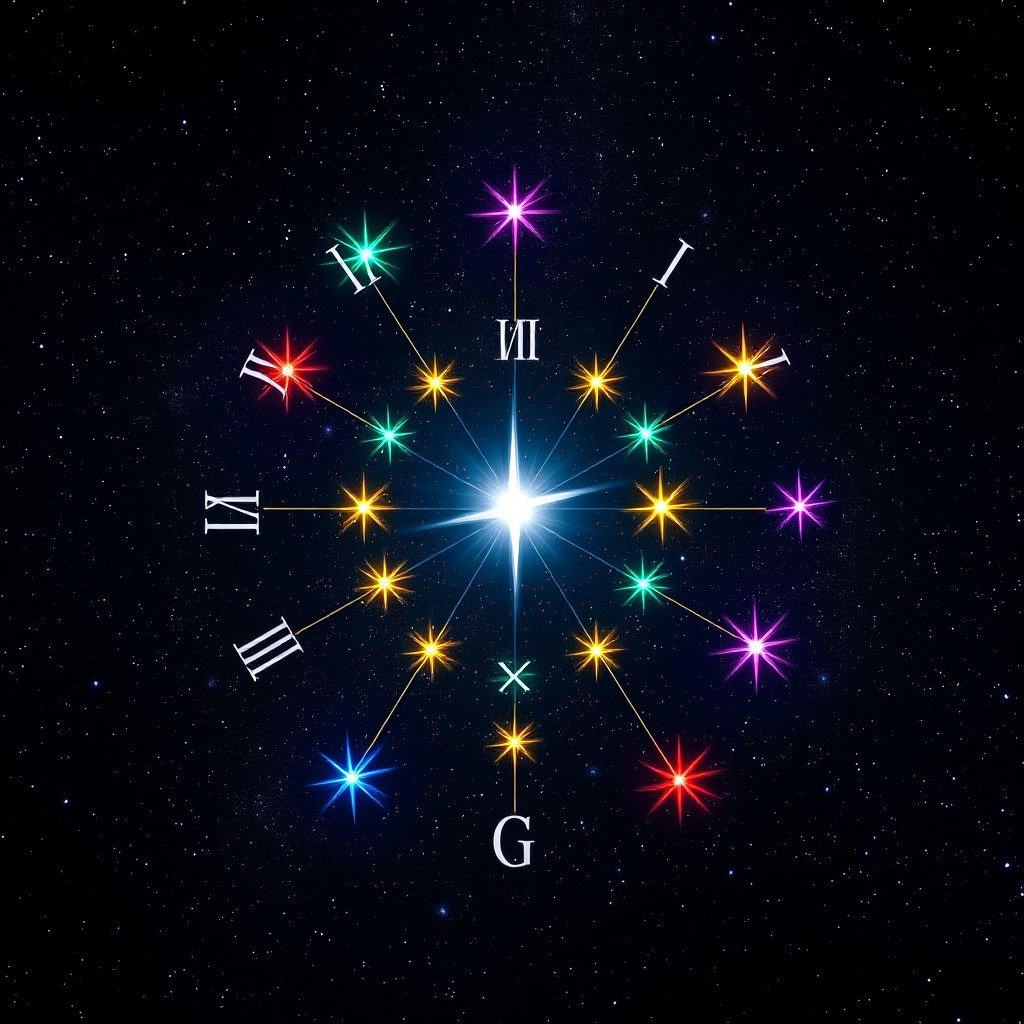 A newly imagined constellation named 'El Reloj Místico', composed of twelve brilliant stars arranged in a circular pattern like a clock face