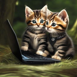 Revise the existing image of the two tabby kittens playing World of Warcraft on a PC. Both kittens should have patches of black blended into their darker fur.