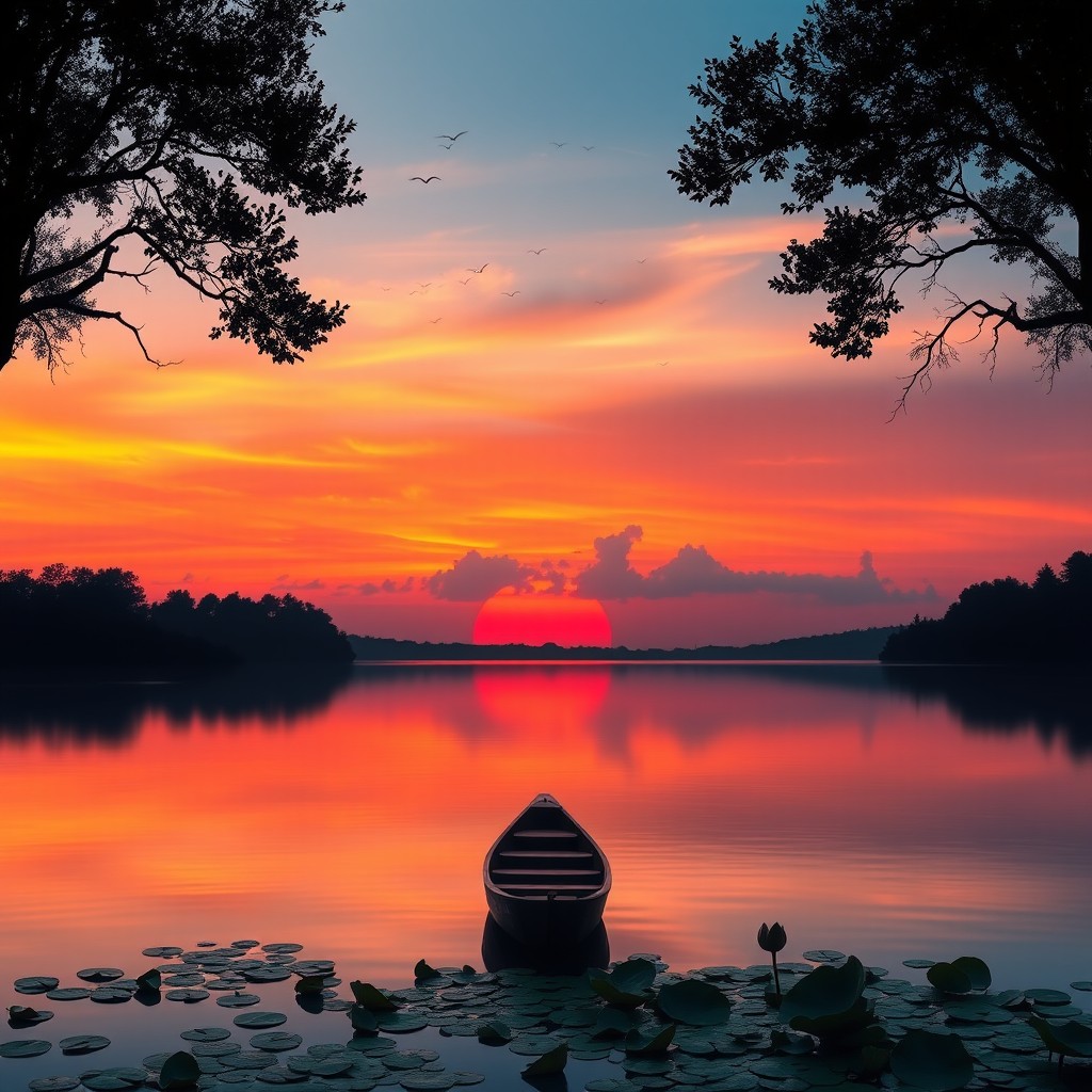 A serene sunset landscape over a tranquil lake, with vibrant orange and pink hues reflecting off the water's surface