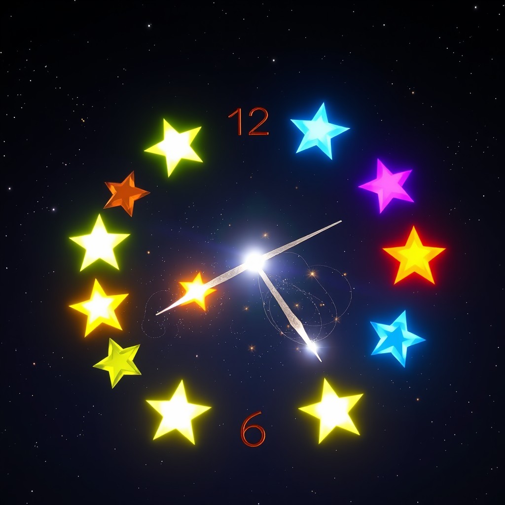 A newly invented constellation called 'El Reloj Místico', designed as a clock face with twelve prominently luminous stars, each representing an hour