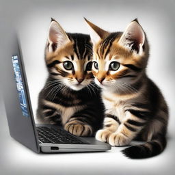 Revise the existing image of the two tabby kittens playing World of Warcraft on a PC. Both kittens should have patches of black blended into their darker fur.