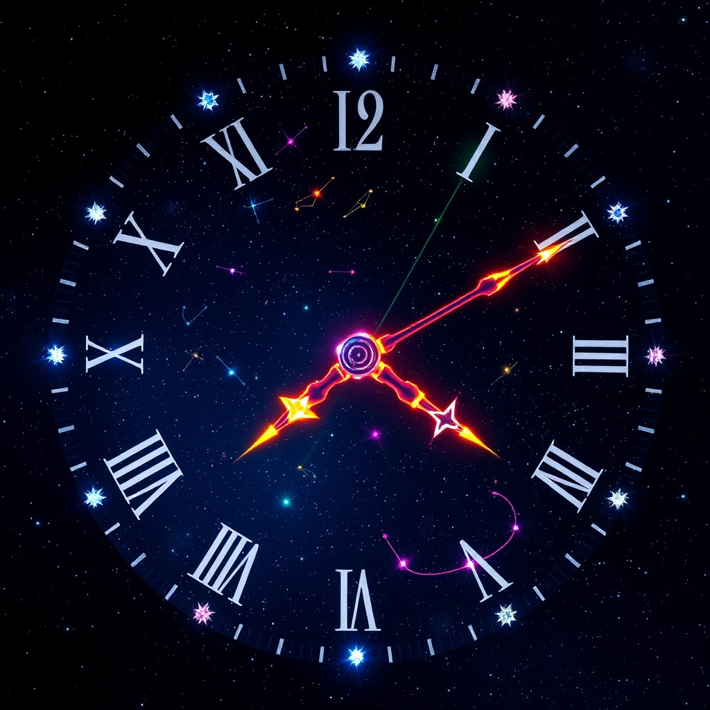A fantastical new constellation called 'El Reloj Místico Épico', resembling a magnificent clock face in the night sky