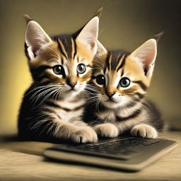 Revise the existing image of the two tabby kittens playing World of Warcraft on a PC. Both kittens should have patches of black blended into their darker fur.