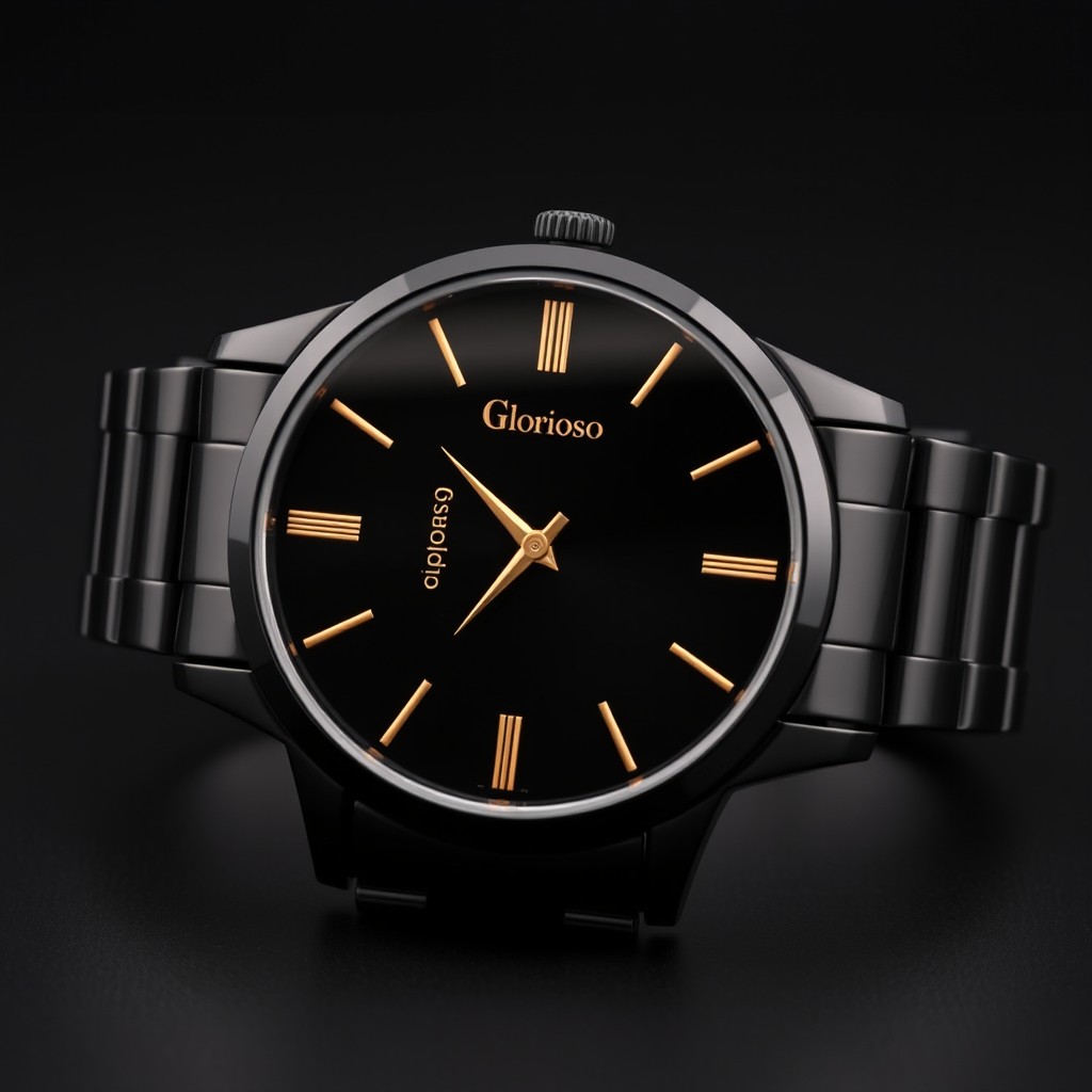 An elegant wristwatch featuring a sleek black stainless steel strap and a glossy black dial