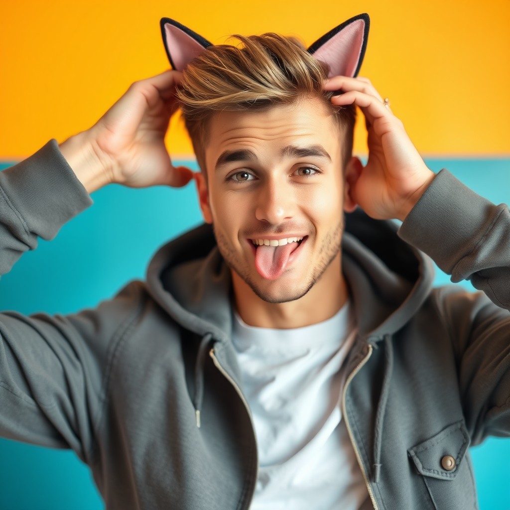 A good looking man playfully making cat ears with his hands on his head, slightly pulling his tongue out in a teasing manner