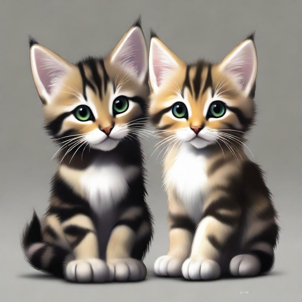 Alter the image of the two tabby kittens with patches of black in their fur playing World of Warcraft on a PC. This time, depict the kittens with significantly longer fur.