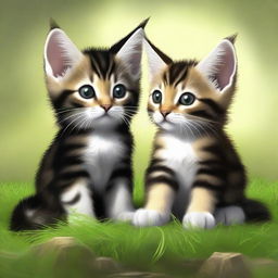 Alter the image of the two tabby kittens with patches of black in their fur playing World of Warcraft on a PC. This time, depict the kittens with significantly longer fur.