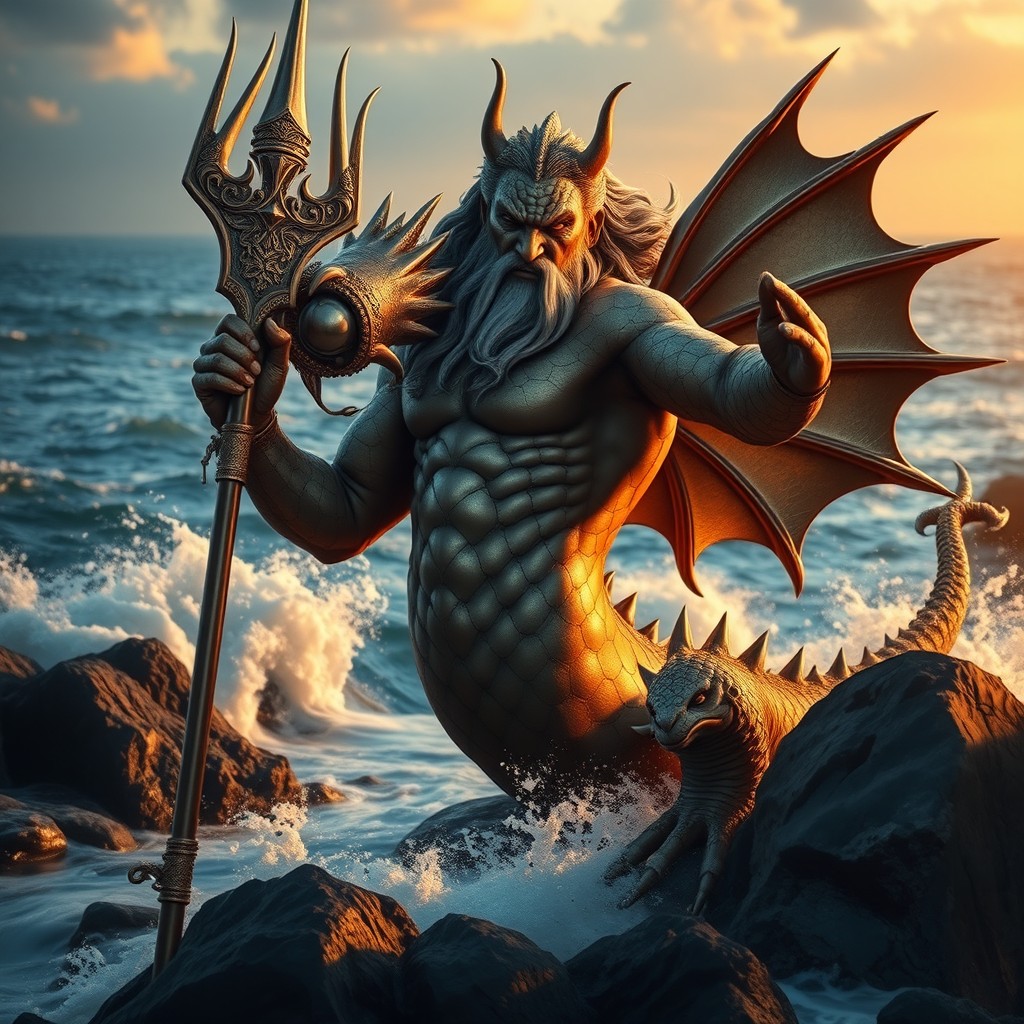 A fierce Triton warrior with dragon-like features, showcasing stunning bronze metallic skin that shimmers in the sunlight