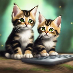 Alter the image of the two tabby kittens with patches of black in their fur playing World of Warcraft on a PC. This time, depict the kittens with significantly longer fur.