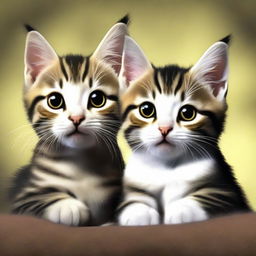 Alter the image of the two tabby kittens with patches of black in their fur playing World of Warcraft on a PC. This time, depict the kittens with significantly longer fur.