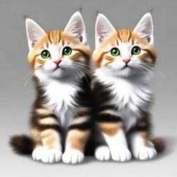 Modify the image of the two tabby kittens with black patches and long fur playing World of Warcraft on a PC. Eliminate any white parts from their fur and make one kitten notably fluffier than the other.