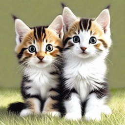 Modify the image of the two tabby kittens with black patches and long fur playing World of Warcraft on a PC. Eliminate any white parts from their fur and make one kitten notably fluffier than the other.