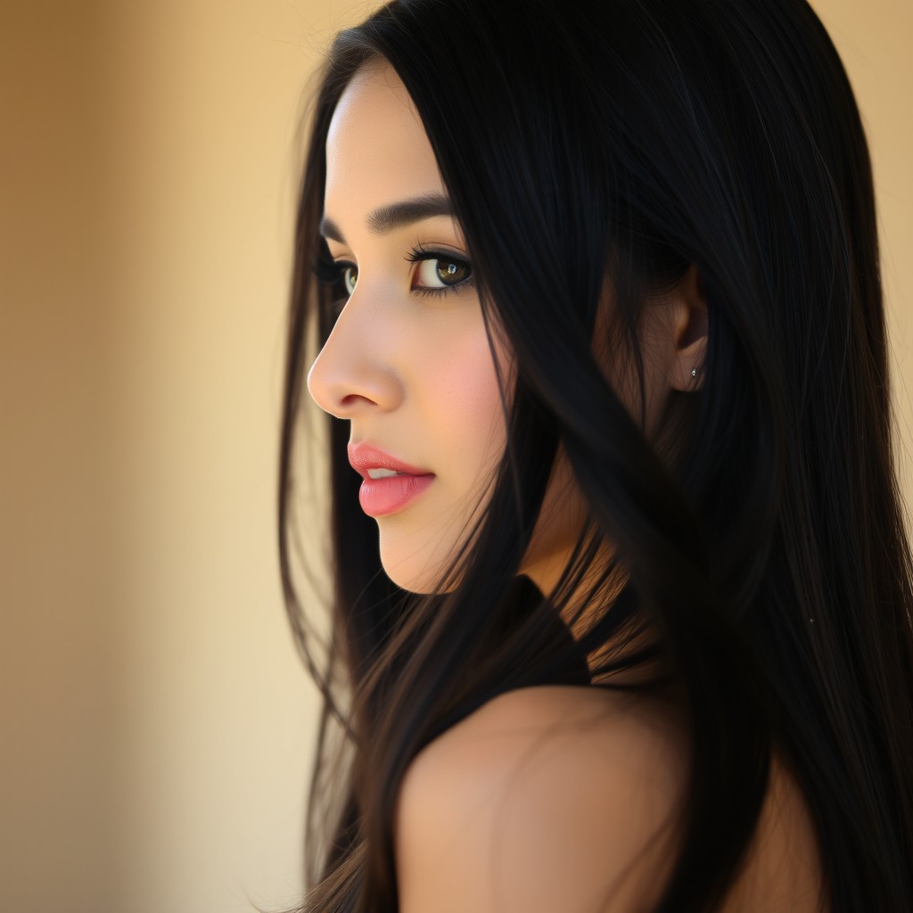 A stunning headshot of a young Arab woman portrayed in side profile, showcasing her long, flowing black hair cascading down her shoulders
