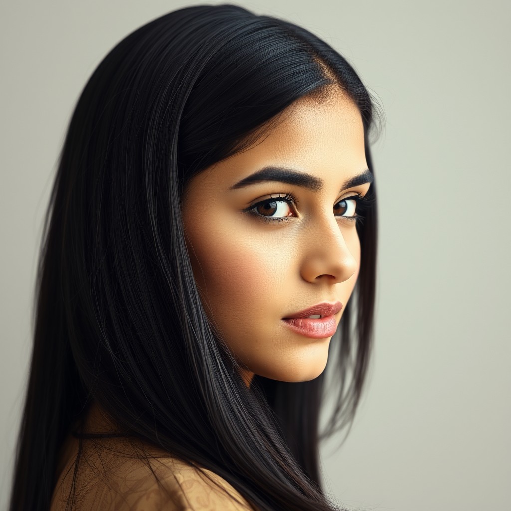 A captivating headshot of a young Arab woman in a side profile, looking straight ahead with confidence
