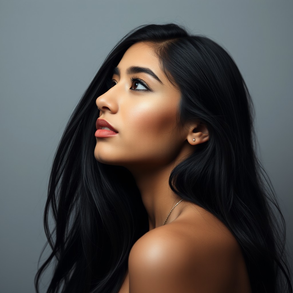 A striking headshot of a young Arab woman in side profile, looking directly to the right