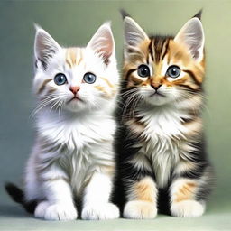 Modify the image of the two tabby kittens with black patches and long fur playing World of Warcraft on a PC. Eliminate any white parts from their fur and make one kitten notably fluffier than the other.