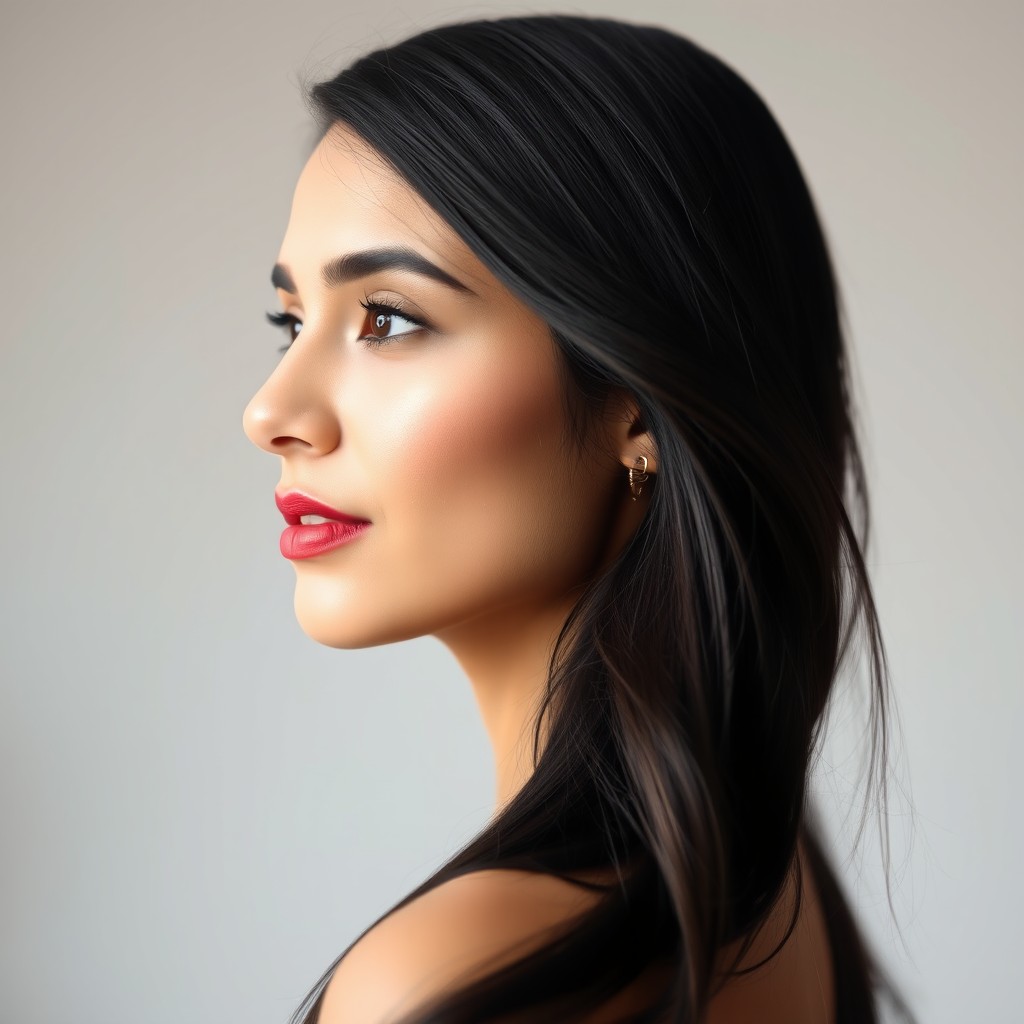 A striking headshot of a young Arab woman in a side profile view, her head turned slightly to the right