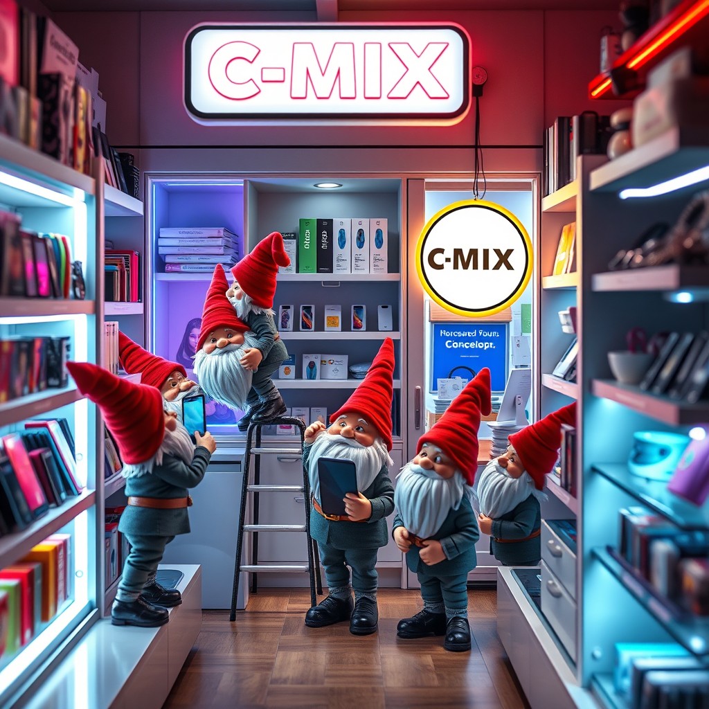 A whimsical scene inside a small phone shop illuminated by colorful LED lights, featuring a group of cheerful gnomes dressed in neat, tiny work uniforms, actively moving between the shelves as they carefully examine smartphones and accessories