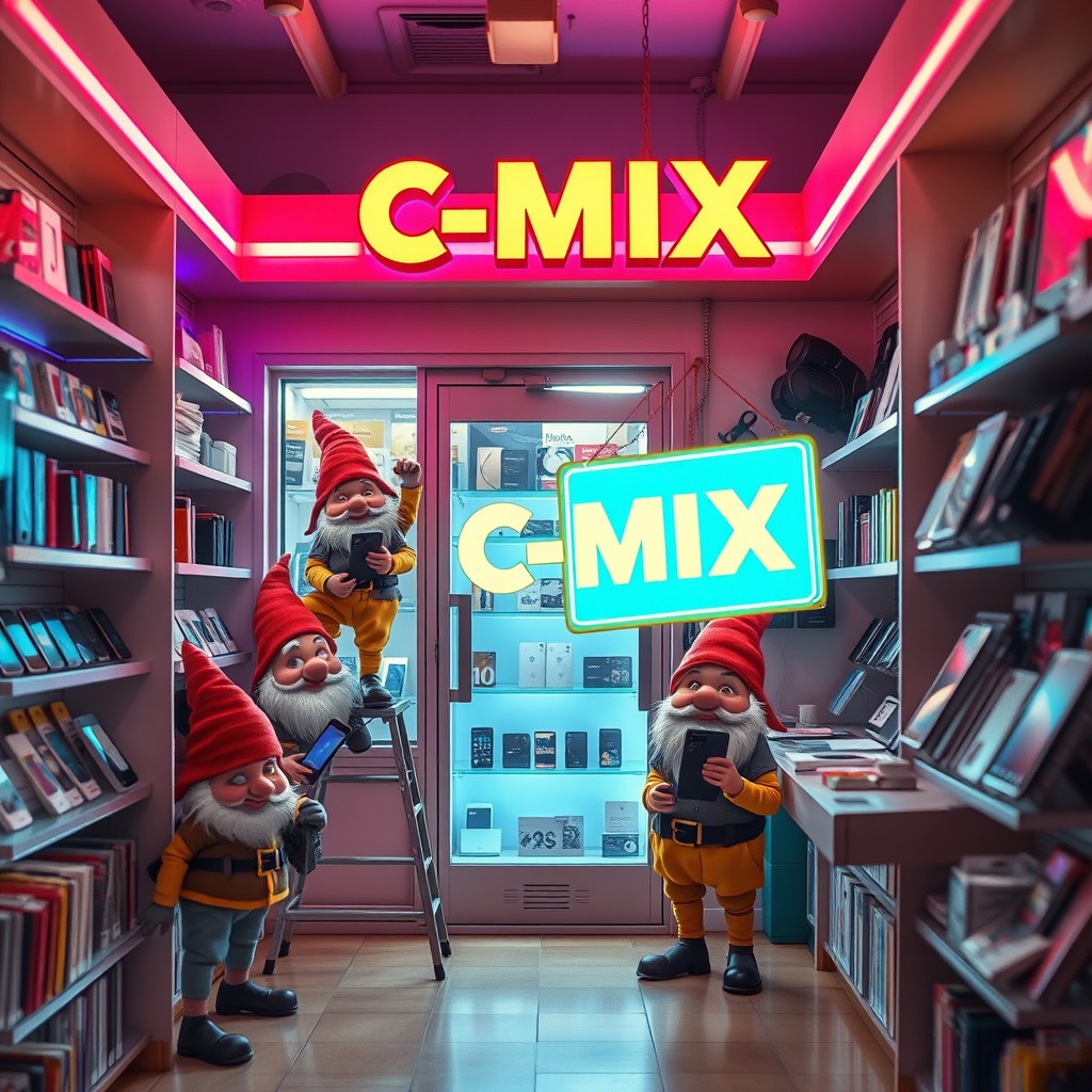 A humorous scene inside a small phone store illuminated by colorful LED lights, featuring a group of charming dwarfs dressed in stylish, miniature work outfits, energetically moving between the shelves while carefully examining smartphones and their accessories