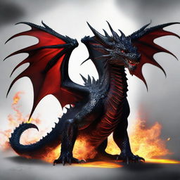 A formidable black dragon with fiery red eyes that seem to blaze with inner flames. Its scales capture the light, giving it a menacing and magnificent look.