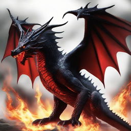 A formidable black dragon with fiery red eyes that seem to blaze with inner flames. Its scales capture the light, giving it a menacing and magnificent look.