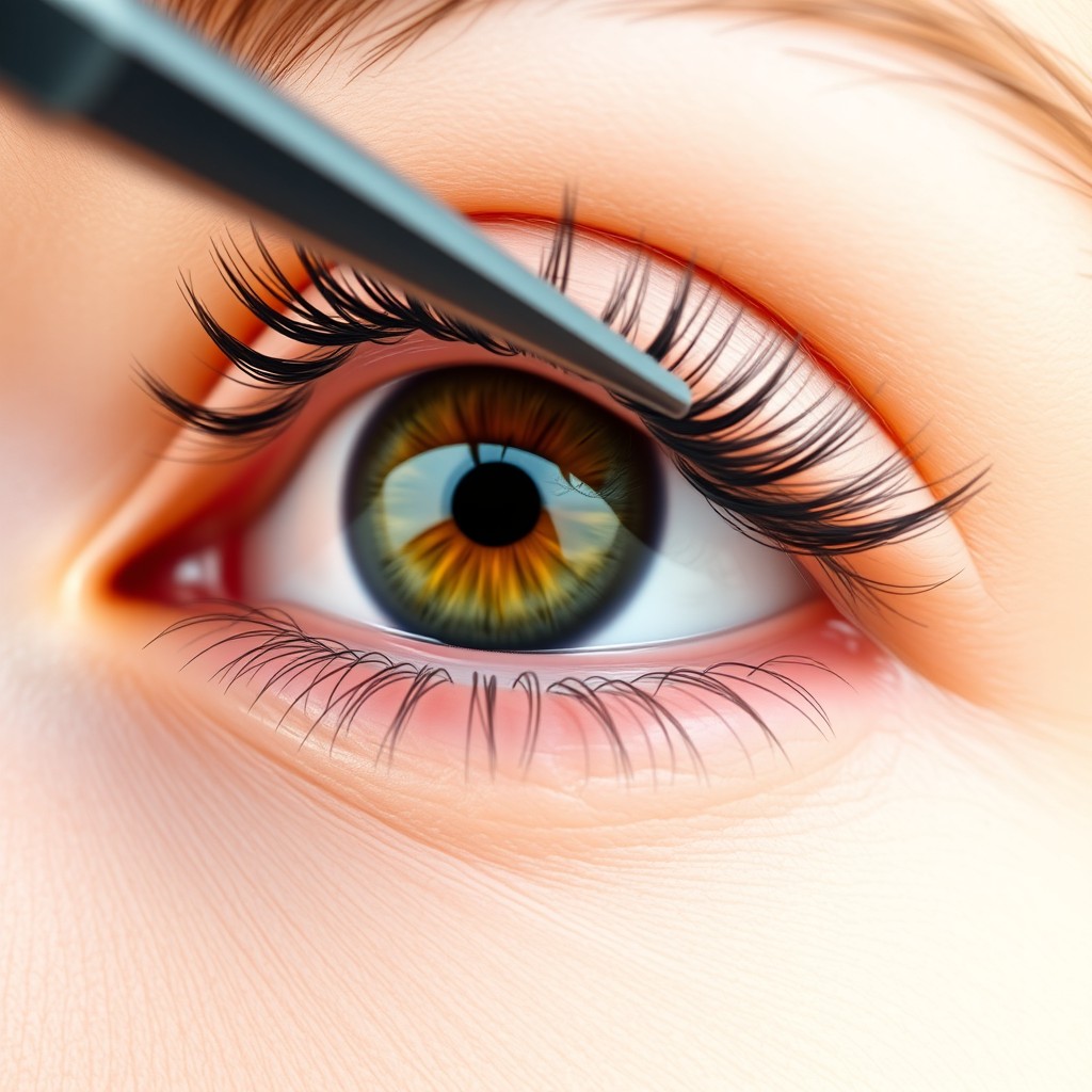 A close-up view of an eye, focusing on one natural eyelash being isolated with tweezers