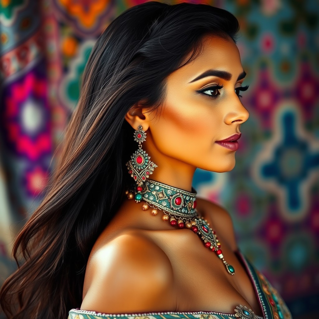 A beautiful Arab woman depicted in a side profile, showcasing elegant features including her long, dark hair cascading over her shoulder and intricate, colorful traditional jewelry accentuating her neck